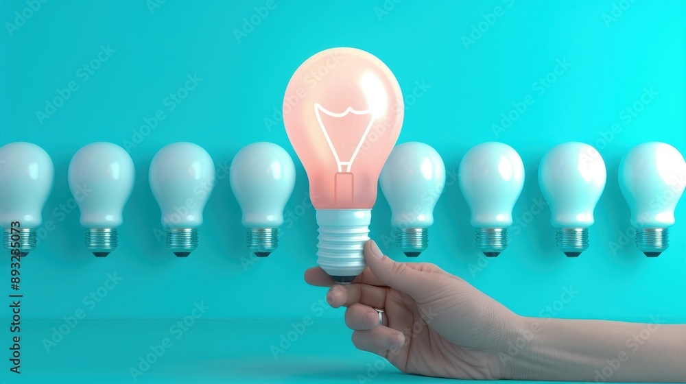 Concept of creativity and innovation. A hand holding a glowing light bulb in front of a row of unlit bulbs on a teal background. Concept of creativity and innovation. A hand holding a glowing light bulb in front of a row of unlit bulbs on a teal background.