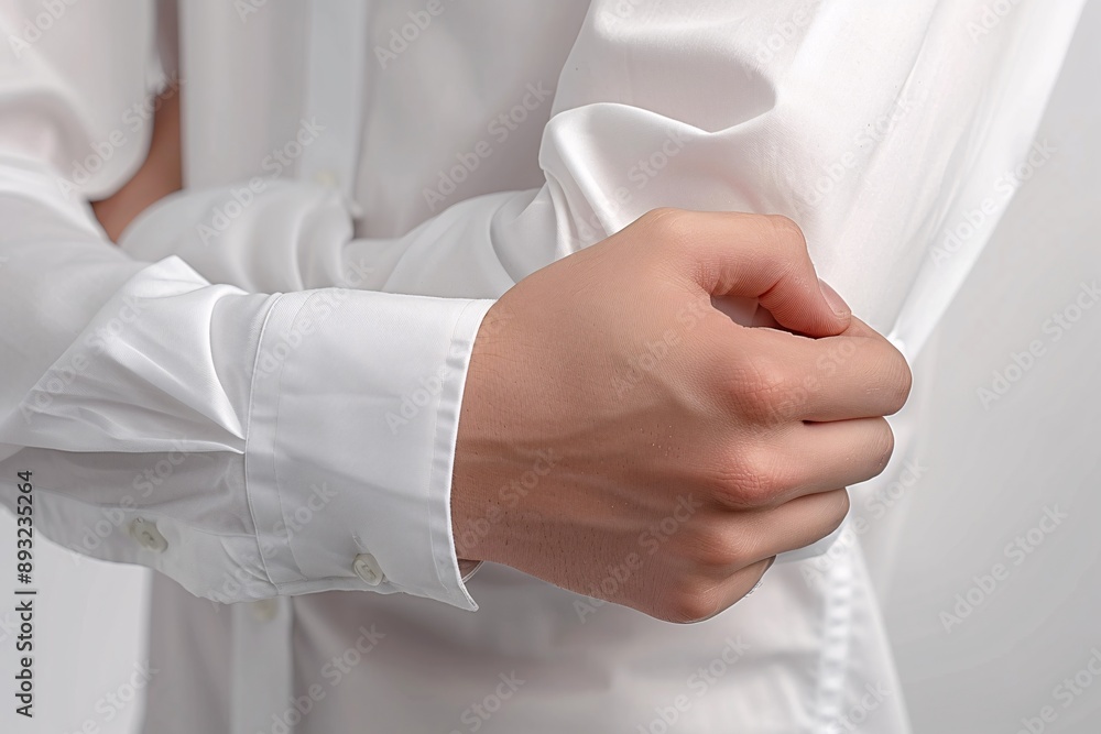 Close-up of a clenched fist and white shirt sleeve on a white backdrop. Close-up of a clenched fist and white shirt sleeve on a white backdrop.