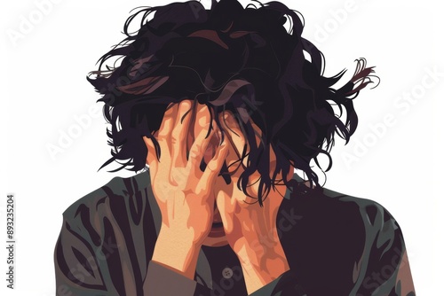 Facepalm man drawing, disappointment guy sketch, sad covering face with hands, messy hair portrait isolated