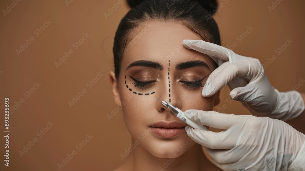 Obraz premium an woman preparing for cosmetic surgery, doctor surgeon drawing markings on her face, around eyes and on nose over brown background