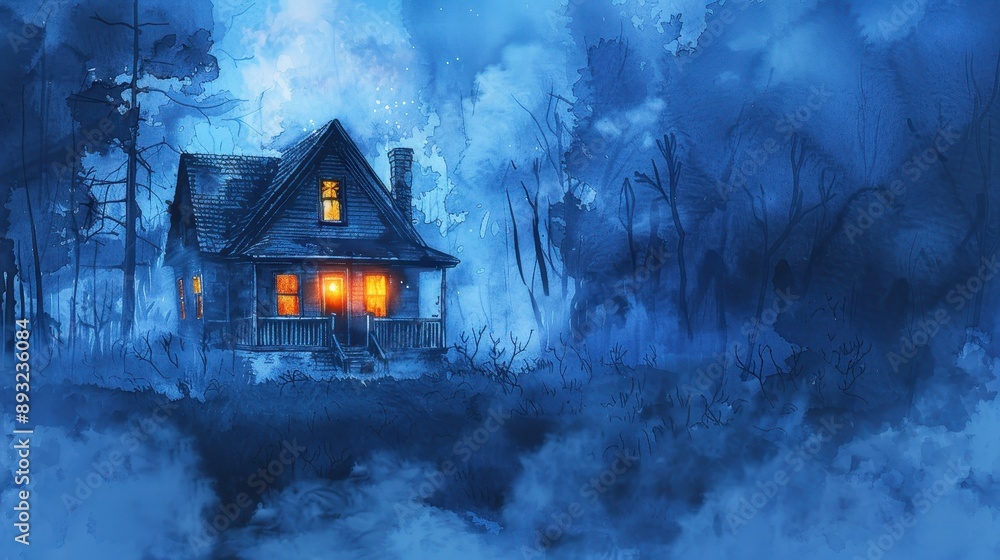 Watercolor haunted house with eerie lights, simple style Watercolor haunted house with eerie lights, simple style