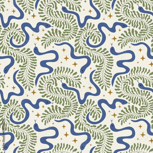 Fototapeta Fern and snakes seamless pattern on beige background in vintage style
