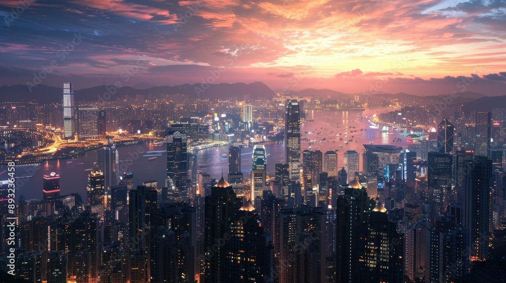 Hong Kong Skyline at Dusk with Stunning Pink and Orange Clouds. Hong Kong Skyline at Dusk with Stunning Pink and Orange Clouds.