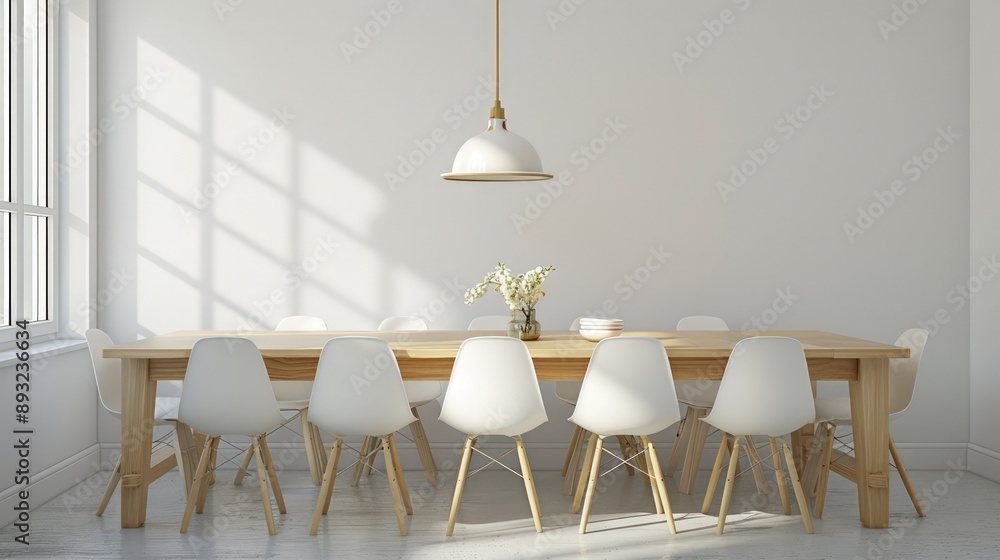Dining room with a light wooden table, white chairs, and a single pendant light Dining room with a light wooden table, white chairs, and a single pendant light