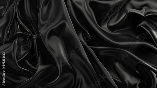 Luxurious fabric, beautiful background with drapery and wavy folds of black silk satin material surface. Abstract dark black and white luxury fabric background