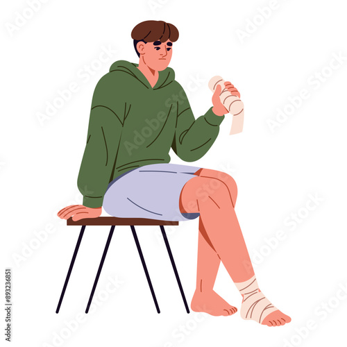 First aid in sprain, break of leg. Sad person sits, puts bandage on wound. Victim apply dressing to injury. Medical help in emergency accident. Flat isolated vector illustration on white background