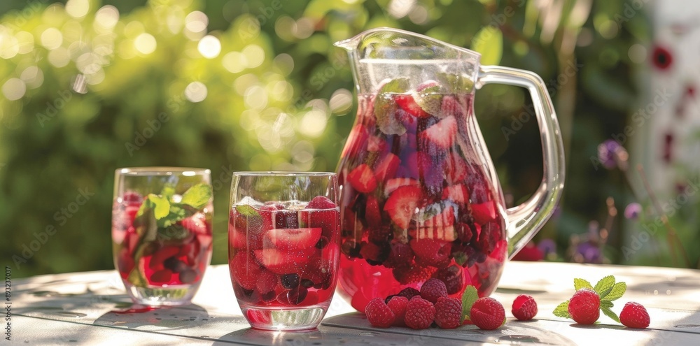 Celebrate the taste of summer with a vibrant, berry-filled pitcher and glasses set, beautifully arranged outdoors. Celebrate the taste of summer with a vibrant, berry-filled pitcher and glasses set, beautifully arranged outdoors.