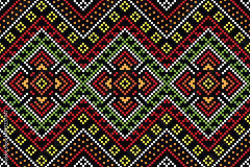 Fabric pixel abstract geometric pattern Thai stye design for clothing, fabric, background, wallpaper, wrapping, batik. Knitwear, Embroidery style. Aztec geometric art ornament