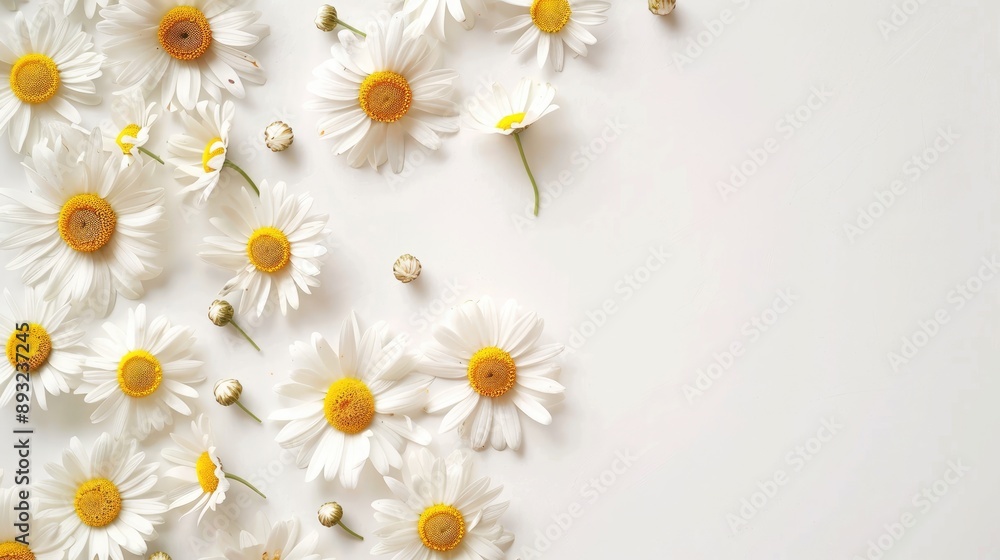 Fototapeta premium Fall discount banner with chamomile flowers, flat lay on white background. Seasonal concept.