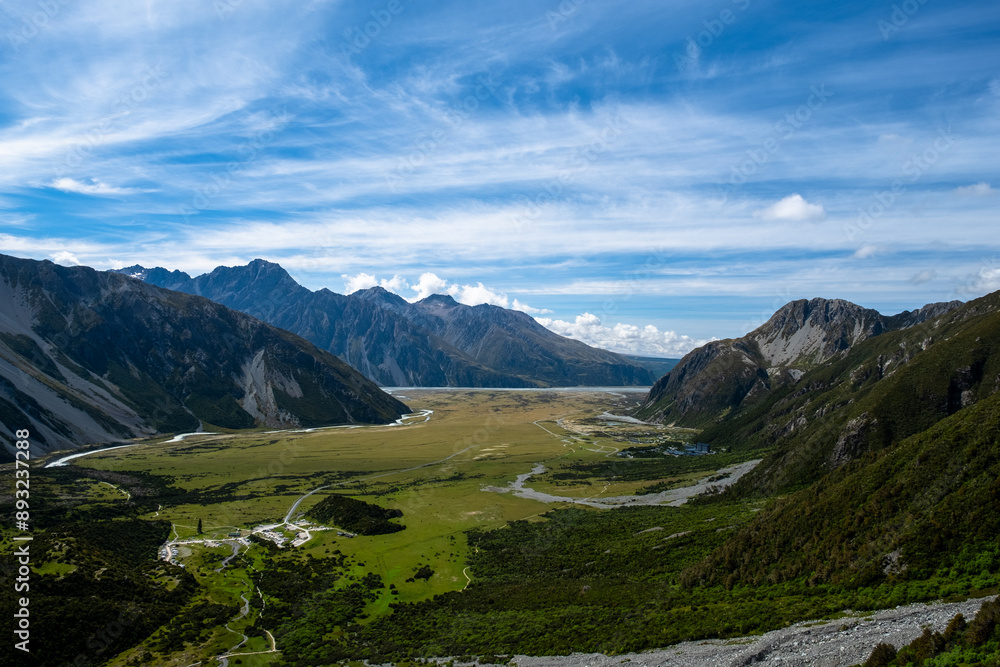 Fototapeta premium A stunning view of a wide valley surrounded by towering mountains under a clear blue sky. The scene captures the expansive beauty and serenity of the landscape, perfect for nature lovers and outdoor 