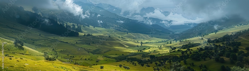 Panoramic view of a lush, green valley surrounded by misty mountains and dense forests, under a cloudy sky. Panoramic view of a lush, green valley surrounded by misty mountains and dense forests, under a cloudy sky.