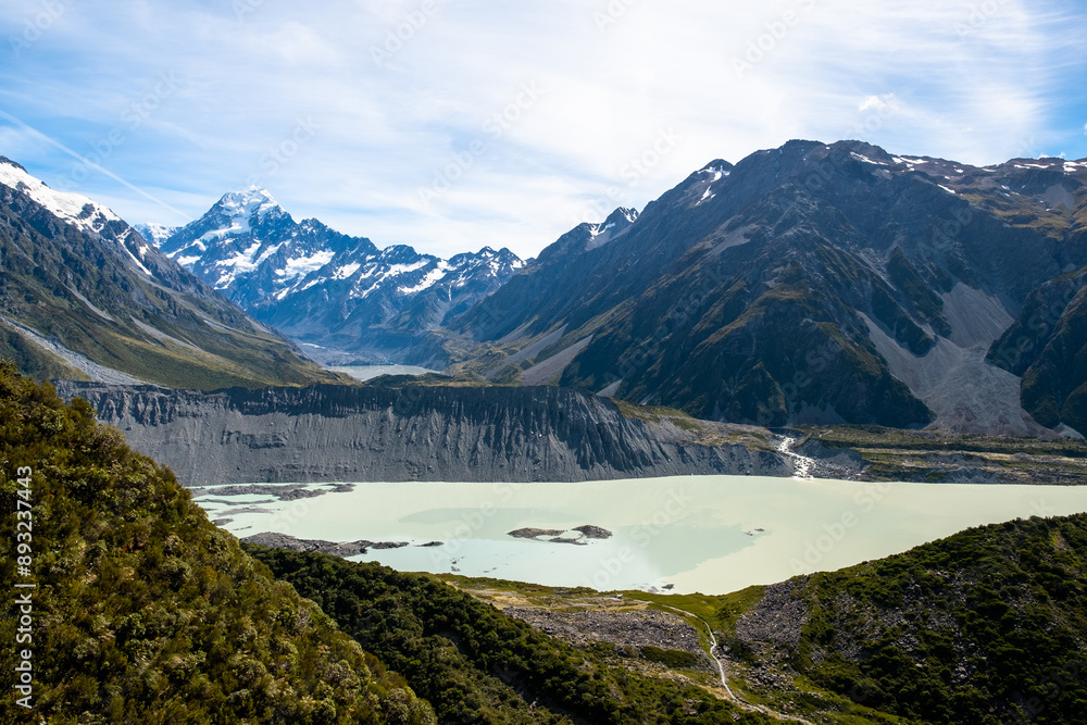 Obraz premium A stunning view of a wide valley surrounded by towering mountains under a clear blue sky. The scene captures the expansive beauty and serenity of the landscape, perfect for nature lovers and outdoor 