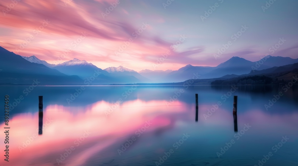 Fototapeta premium Serene Landscape of a Calm Lake at Sunset with Reflective Waters and Soft Pastel Colors