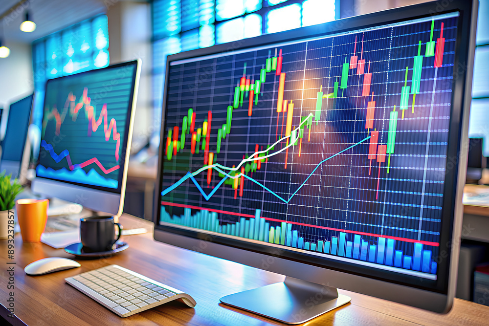 A stock market chart on a desktop monitor, with vibrant colors showing different financial indicators and trend lines. A stock market chart on a desktop monitor, with vibrant colors showing different financial indicators and trend lines.