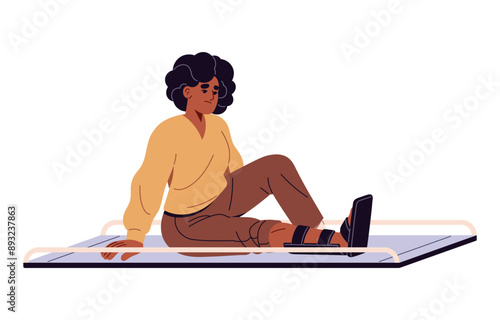 First aid in fractures. Victim with splint on leg sits on medical stretchers. Sad woman with injury, break foot. Medicine help in emergency. Flat isolated vector illustration on white background.