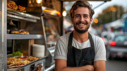 Portrait of smiling Caucasian seller standing by food truck with crossed arms