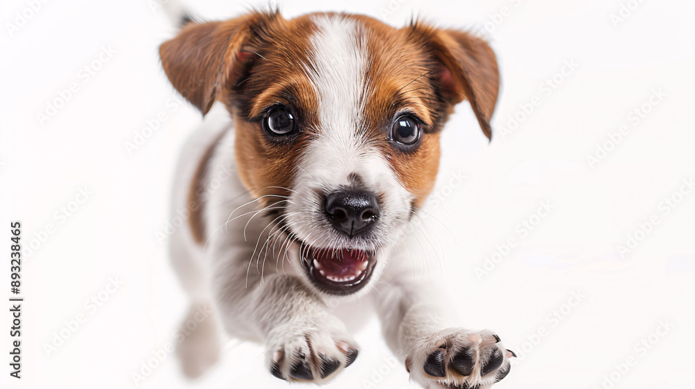 Portrait of a cute and playful Jack Russell Terrier puppy in motion, jumping, isolated over white studio background. Concept of motion, beauty, vet, breed, pets, and animal life. Copy space for ad. Portrait of a cute and playful Jack Russell Terrier puppy in motion, jumping, isolated over white studio background. Concept of motion, beauty, vet, breed, pets, and animal life. Copy space for ad.