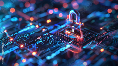 Futuristic cybersecurity concept with digital padlock on a circuit board, representing data protection and information security.