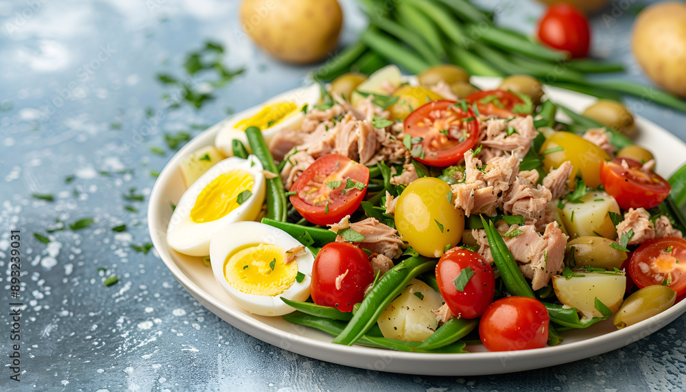 Nicoise salad with canned tuna, tomatoes, boiled eggs, green beans, potatoes and olives on white plate, blue table background, top view Nicoise salad with canned tuna, tomatoes, boiled eggs, green beans, potatoes and olives on white plate, blue table background, top view