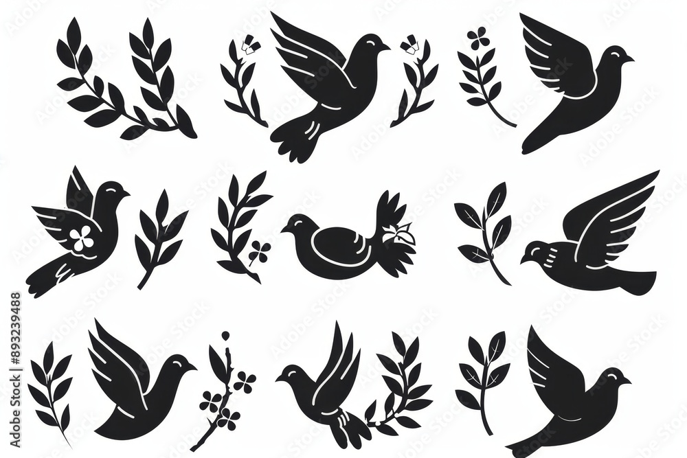 Peace dove graffiti, pigeons, twigs ink illustration. Flying birds silhouettes monochrome flat icons Peace dove graffiti, pigeons, twigs ink illustration. Flying birds silhouettes monochrome flat icons