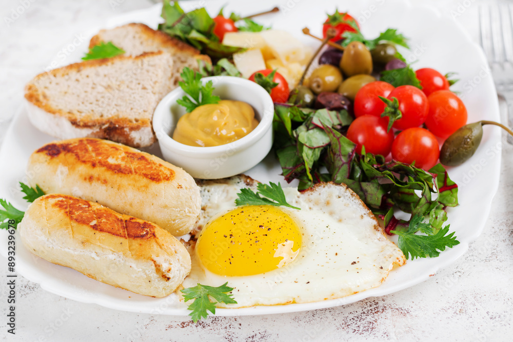 Fried egg, homemade chicken sausage, toasts and fresh salad. Keto, paleo breakfast. Fried egg, homemade chicken sausage, toasts and fresh salad. Keto, paleo breakfast.