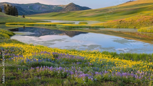 Reflective pond surrounded by green pastures and wildflowers