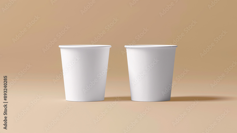 Dos vasos blancos desechables sobre fondo beige, ideales para eventos, fiestas o uso diario en cafeterías Dos vasos blancos desechables sobre fondo beige, ideales para eventos, fiestas o uso diario en cafeterías