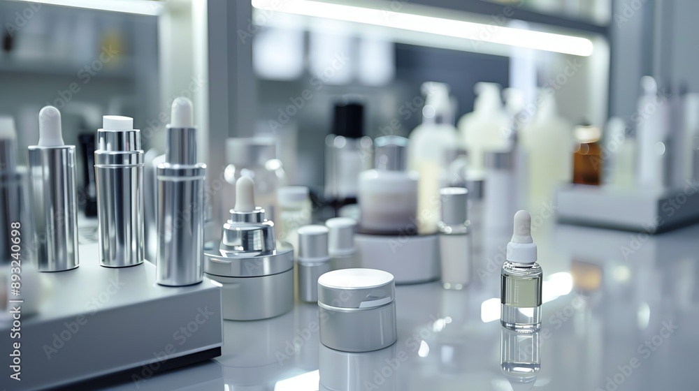 Advanced cosmetics development lab, beauty products being enhanced at the molecular level, sleek, stylish look Advanced cosmetics development lab, beauty products being enhanced at the molecular level, sleek, stylish look