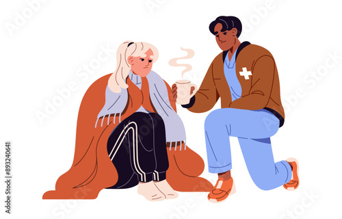 First aid in hypothermia. Doctor helps, rescues victim of frostbite. Emergency medic gives hot drink to patient. Frozen girl getting warm under blanket. Flat isolated vector illustration on white