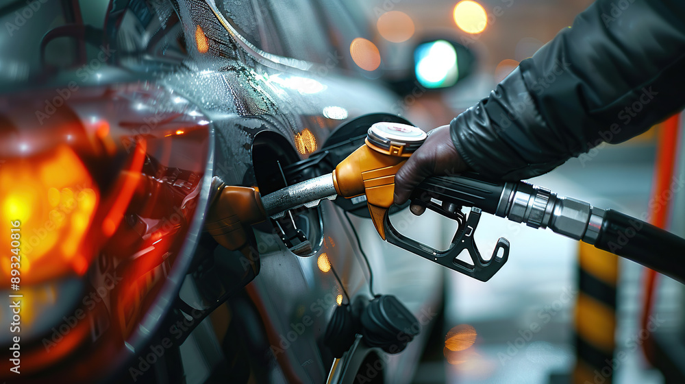 Fototapeta premium Close-up of a hand holding a gas pump while filling a car with fuel