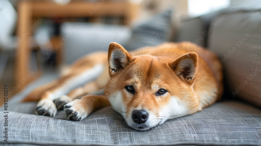 Cozy Shiba Inu Dog Relaxing on Sofa in Blurred Living Room Cozy Shiba Inu Dog Relaxing on Sofa in Blurred Living Room
