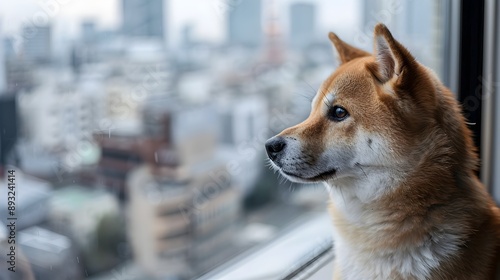 Shiba Inu Dog Overlooking Blurred City Skyline from Rooftop Window © vanilnilnilla