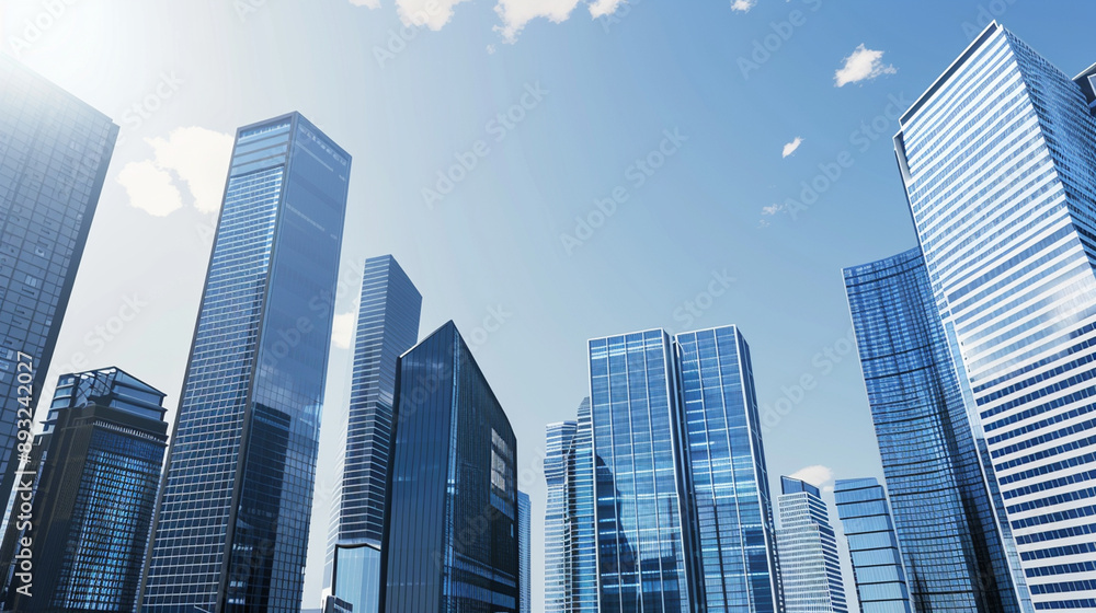 A futuristic skyscraper with a sleek, reflective glass facade rising against a clear blue sky, showcasing modern urban architecture and advanced design A futuristic skyscraper with a sleek, reflective glass facade rising against a clear blue sky, showcasing modern urban architecture and advanced design