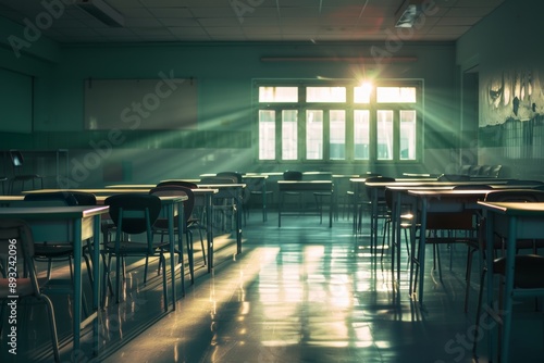 Sunlit Empty Classroom with Neatly Arranged Desks and Chairs in Morning Light