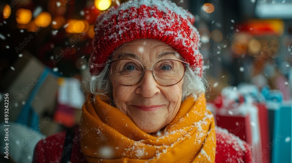 Happy old woman goes shopping and receives gifts during the festival. Happy old woman goes shopping and receives gifts during the festival.