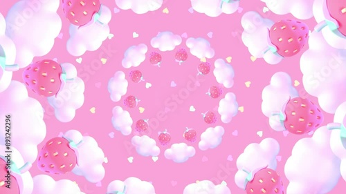 Looped cartoon strawberries and clouds pattern motion graphics.