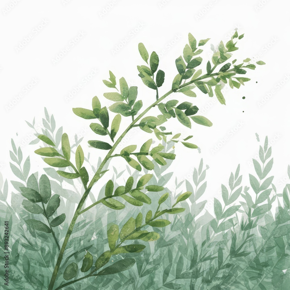 Fototapeta premium Green watercolor branch against blurred green foliage