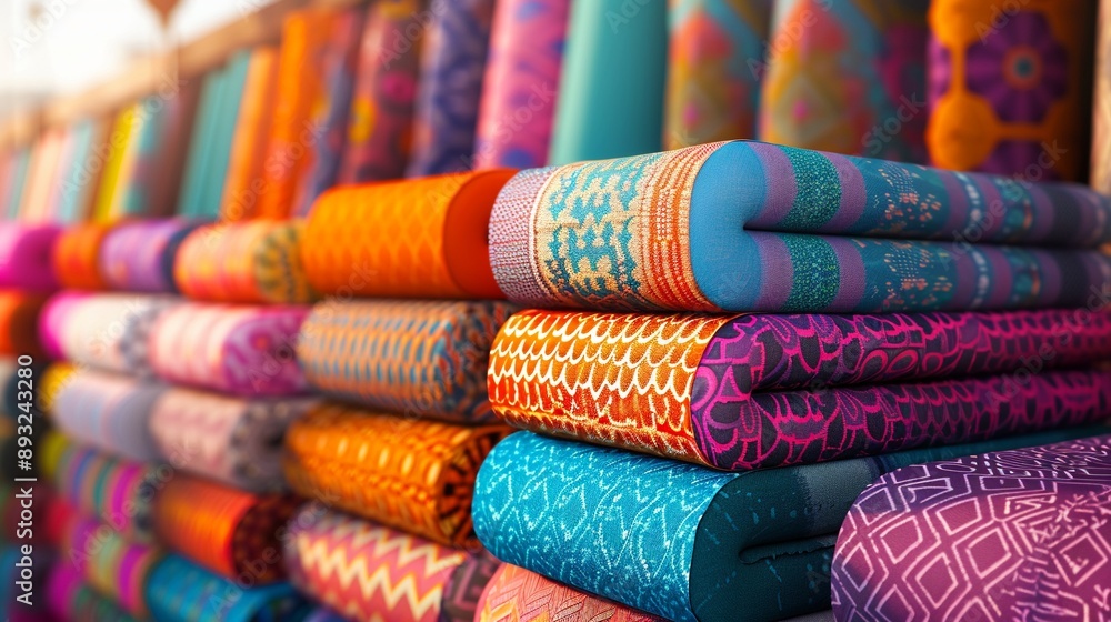 Outdoor market stall with rolls of bright patterned fabric on display, photorealistic, lively colors, bustling and energetic scene Outdoor market stall with rolls of bright patterned fabric on display, photorealistic, lively colors, bustling and energetic scene