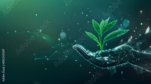 representation of a sustainable economy featuring a digital hand holding a plant, created with connected glowing dots, lines, and geometric shapes on a blue tech