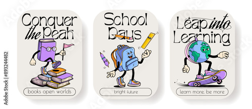 Back to school vector posters set with walking funny cute comic characters. Lettering illustration for t-shirt print. Too cool for school, educational creativity supplies. Vector illustration.	