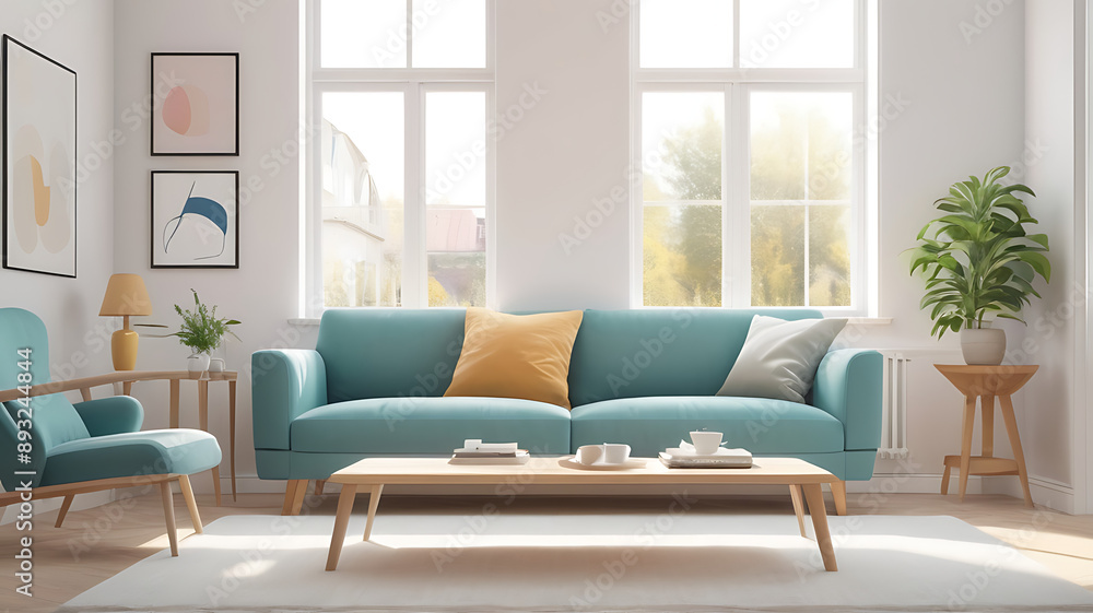 Fototapeta premium A Scandinavian-style sofa in a bright, airy living room, symbolizing simplicity and natural beauty.