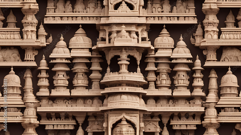 Intricate carvings on the exterior of an Indian temple, representing ...