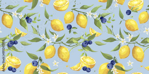 Summer pattern with lemon and blueberry branch. Seamless background with citrus fruits and berries, vector illustration, print., wrapping paper