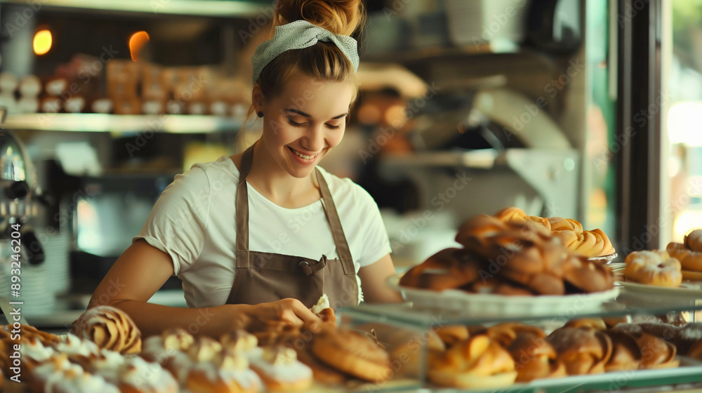 Female baker, a young beautiful woman working at the cash register in a bakery, pastry shop, or cafe, a smiling girl serving a happy employee, worker workplace, job of selling pastries, food in store. Female baker, a young beautiful woman working at the cash register in a bakery, pastry shop, or cafe, a smiling girl serving a happy employee, worker workplace, job of selling pastries, food in store.