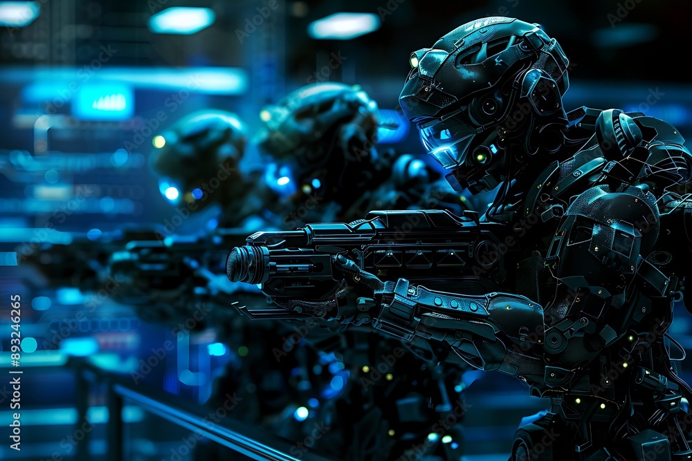 Naklejka premium Futuristic Soldiers in Blue Neon Lighting.