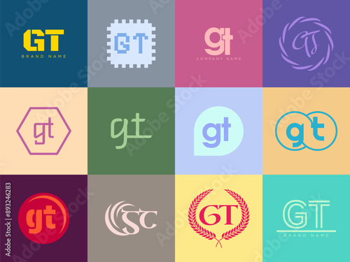 GT logo company template. Letter g and t logotype. Set different classic serif lettering and modern bold text with design elements. Initial font typography.