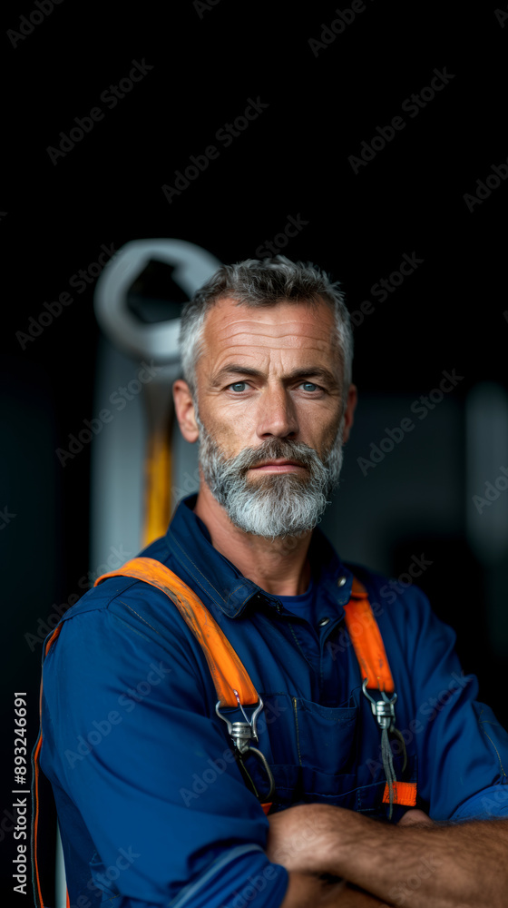 Vertical portrait of a male mechanic in a garage, repairing cars in a local service center Vertical portrait of a male mechanic in a garage, repairing cars in a local service center