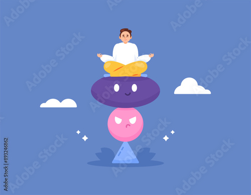 the concept of emotional balance and stress control. emotional stability. managing emotions and thoughts. illustration of man meditating on stacked stones. flat style design. graphic elements