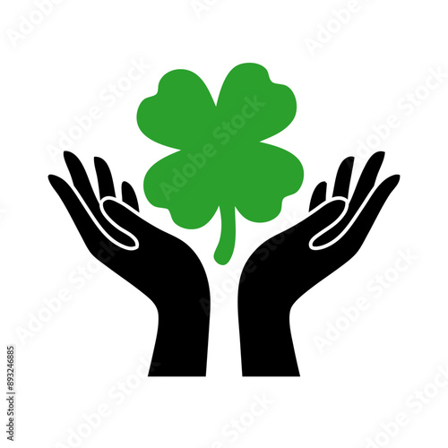 Día de San Patricio. Logo con silueta de manos de mujer con la palma hacia arriba con trébol de 4 hojas