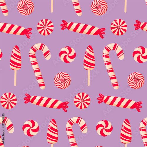 Christmas peppermint swirl candies, candy cane, lollipops seamless pattern. Christmas peppermint swirl candies seamless pattern.
